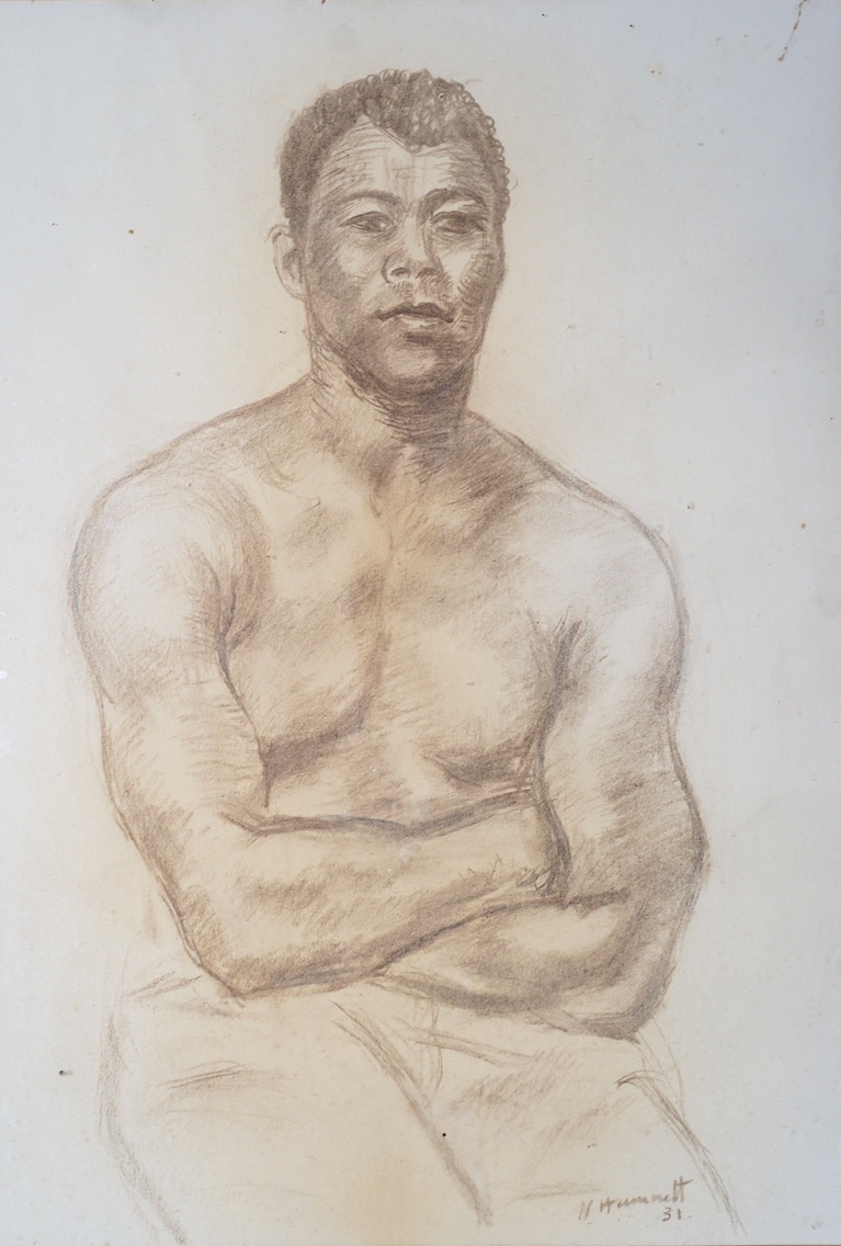 Nina Hamnett (British, 1890-1956), Portrait of a seated black man, thought to be a boxer, charcoal on paper, 49 x 34cm